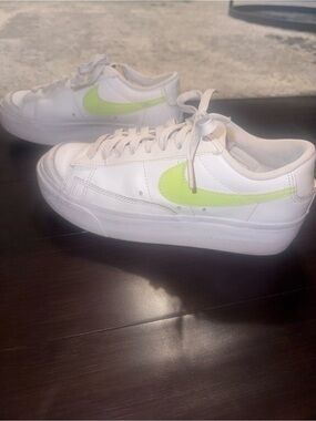 Nike White Sneakers with Neon Green Swoosh